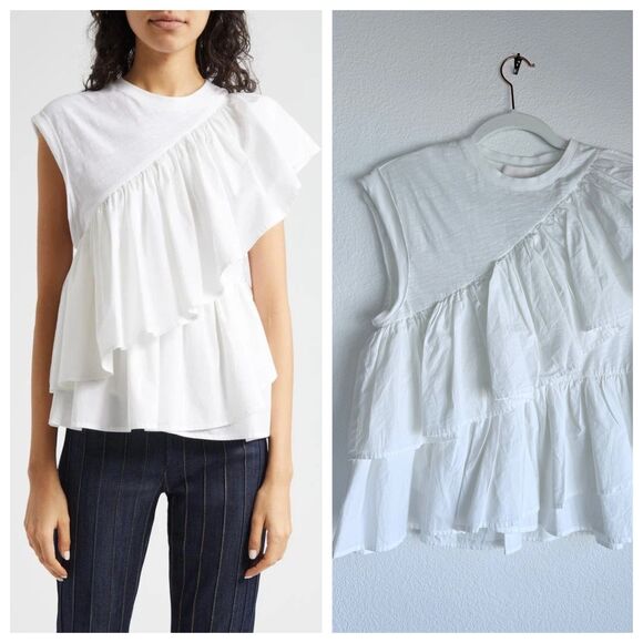 NWOT Cinq à Sept Micki Asymmetric Ruffle Cap Sleeve Cotton Top In White Size XS - Picture 1 of 13